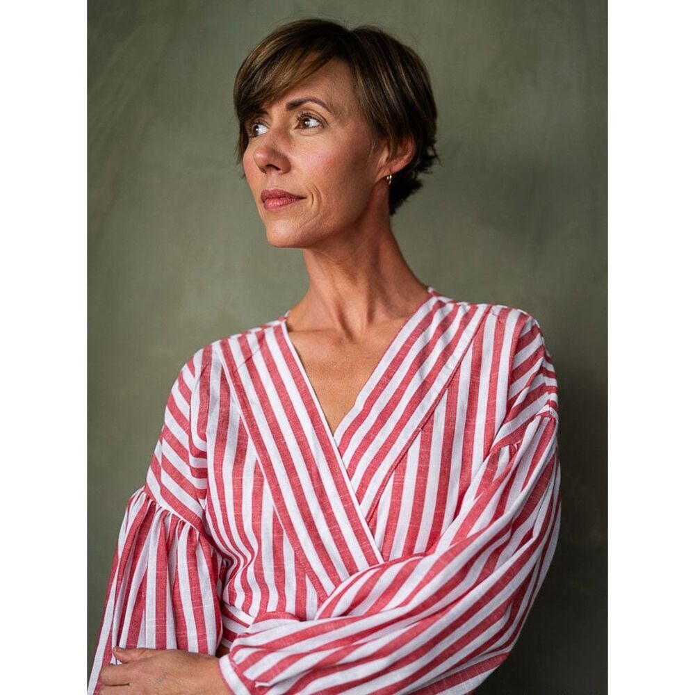 Boohoo Red White Striped Wrap Crop Blouse Balloon Sleeve Top-US 4